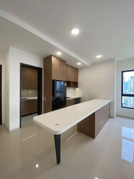 Kitchen features: white solid surface countertop, wood cabinetry, built-in black refrigerator, built-in oven, stainless-steel sink, chrome faucet, pendant lighting, tile flooring, floor-to-ceiling window, open layout, island with seating, dark cabinetry, recessed lighting; style: modern; view: city.