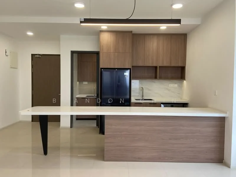 Kitchen features: wood cabinetry, white marble backsplash, stainless-steel fridge, single-bowl stainless-steel sink, chrome pull-down faucet, white countertop, open shelving, recessed downlights, tile flooring, island with seating, built-in oven, induction hob; style: modern.