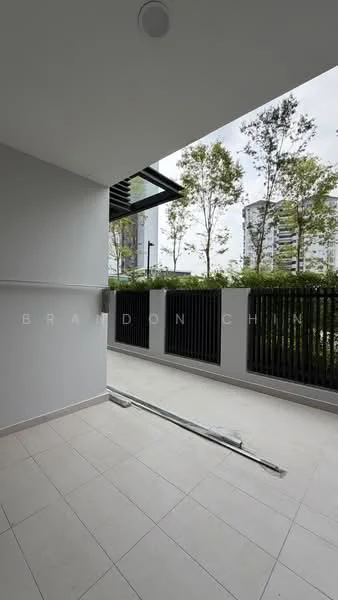Room features: tiled flooring, grey wall, sliding glass door, outdoor view, greenery outside, fence, overhead lighting, corner unit; style: modern; view: garden.