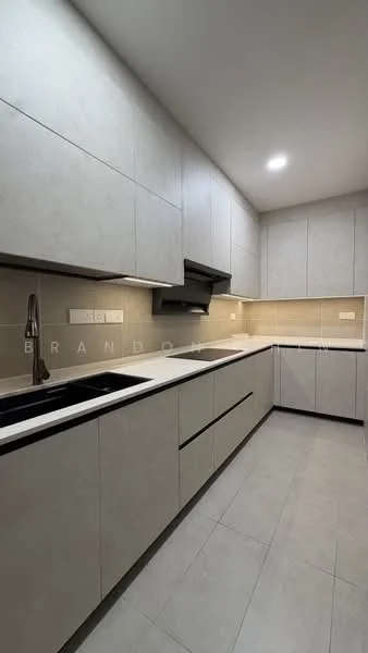 Kitchen features: light grey cabinetry, black handles, white quartz countertop, double-bowl stainless-steel sink, chrome pull-down faucet, built-in oven, stainless-steel range hood, ceramic tile flooring, recessed LED downlights, wall-mounted cabinets, backsplash with beige tiles; style: modern.