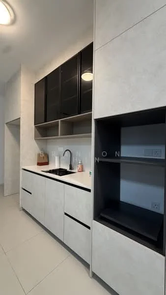 Kitchen features: black upper cabinets with glass doors, light grey lower cabinets, single-bowl stainless-steel sink, chrome pull-down faucet, white countertop, open shelving, tile backsplash, ceramic tile flooring, recessed downlights, built-in electrical outlets; style: modern.