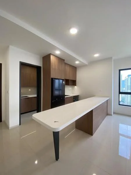 Kitchen features: white solid surface countertop, brown wooden cabinetry, black refrigerator, built-in oven, stainless-steel sink, single-bowl stainless-steel sink, chrome pull-down faucet, pendant lighting, recessed downlights, glossy tile flooring, floor-to-ceiling window, open layout; style: modern; view: city.