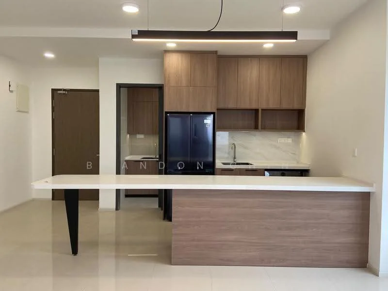 Kitchen features: white quartz countertop, wood cabinetry, stainless-steel fridge, built-in oven, single-bowl stainless-steel sink, chrome pull-down faucet, marble backsplash, pendant light fixture, open layout, tile flooring, recessed downlights; style: modern.
