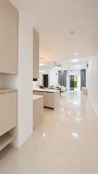 Living features: cream painted walls, glossy marble tile flooring, 5-blade ceiling fan with light, recessed downlights, floor-to-ceiling sliding glass doors, grey curtains, light-colored sectional sofa, coffee table, open layout, decorative wall art; style: modern; view: garden. Kitchen features: beige cabinetry, white countertop, built-in cabinetry, open layout to living area; style: modern.