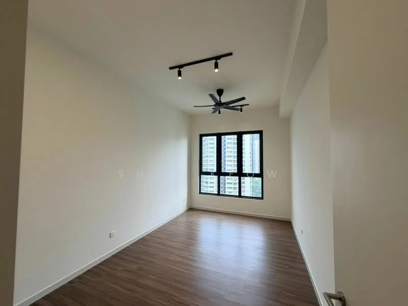 Room features: white painted walls, laminate flooring, 5-blade ceiling fan with light, floor-to-ceiling windows, city view; style: modern; view: city.