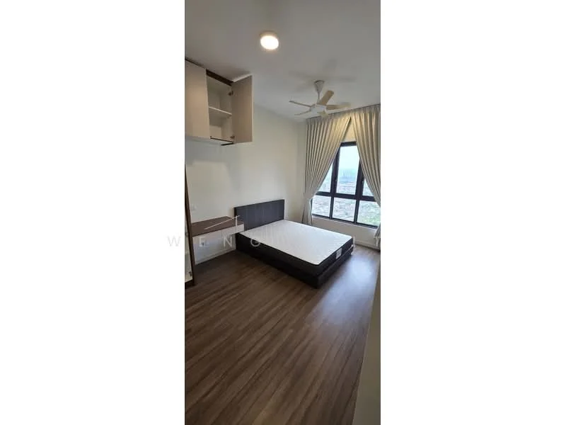 Bedroom features: wooden flooring, white painted walls, ceiling fan, floor-to-ceiling window, curtains, built-in shelving, queen-size bed frame without mattress, natural light, view of city skyline; style: modern; view: city.