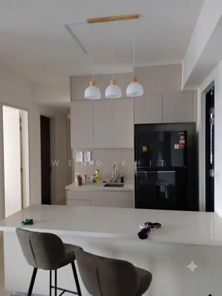 Kitchen features: white cabinetry, grey countertop, stainless-steel sink, chrome pull-down faucet, built-in refrigerator, 3 pendant lights, bar seating with 2 stools, wall-mounted cabinets, tile backsplash, open layout; style: modern.