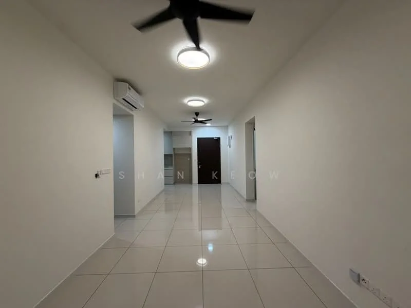 Room features: white painted walls, glossy tile flooring, 2 ceiling fans, recessed ceiling lights, air conditioning unit, open layout, doorway leading to another room, doorway leading to kitchen area; style: modern.