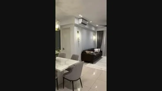 Living features: 3-seater fabric sofa in dark brown, white area rug, marble dining table, 4 upholstered dining chairs in grey, wall-mounted split AC, recessed LED downlights, curtains in grey, white painted walls, tile flooring, decorative wall art; style: modern.