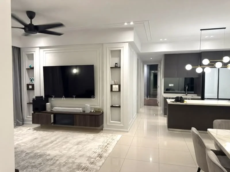 Living features: 5-blade ceiling fan with light, wall-mounted TV, TV console in dark wood, light grey area rug, cream painted walls, recessed downlights, decorative wall paneling, open layout to kitchen, large windows with sheer curtains, neutral-toned flooring, modern coffee table; style: modern. Kitchen features: kitchen island with seating, dark cabinetry, white countertop, built-in oven, stainless-steel fridge, microwave, recessed lighting, open shelving, ceramic tile flooring; style: modern.