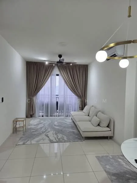 Living features: white painted walls, marble tile flooring, 5-blade ceiling fan with light, floor-to-ceiling windows, sheer curtains, beige sofa, area rug with marble pattern, wall-mounted air conditioning unit, decorative light fixture; style: modern.