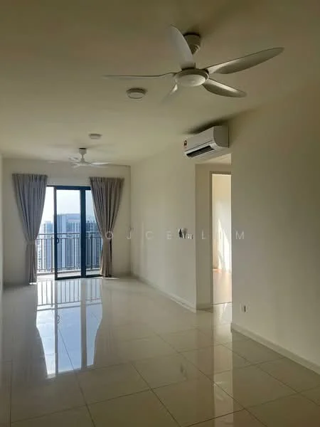 Living features: glossy tile flooring, white painted walls, 2 ceiling fans, 1 wall-mounted split AC, floor-to-ceiling sliding glass door, sheer curtains, balcony access, natural light from windows; style: modern; view: city.