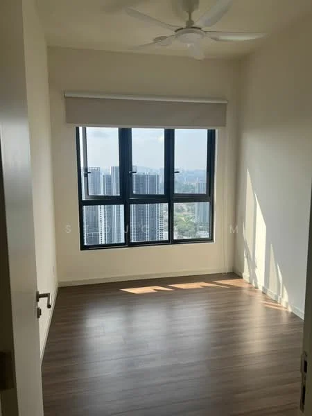 Room features: large floor-to-ceiling windows, roller blinds, light-colored painted walls, laminate wood flooring, ceiling fan, natural light, city skyline view; style: modern; view: city.