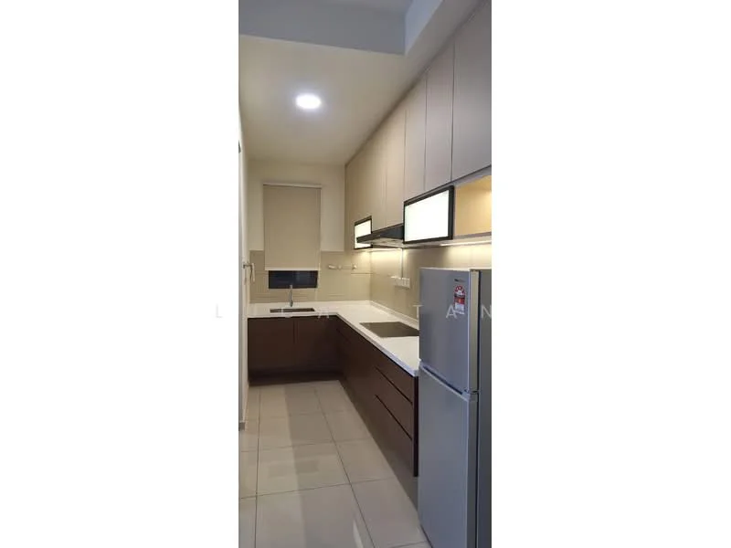 Kitchen features: L-shaped kitchen layout, white quartz countertop, brown wooden cabinetry, built-in refrigerator, stainless-steel sink, chrome pull-down faucet, two under-cabinet lights, ceramic tile flooring, window with roller blinds, wall-mounted microwave, electric stove, ventilation hood; style: modern.