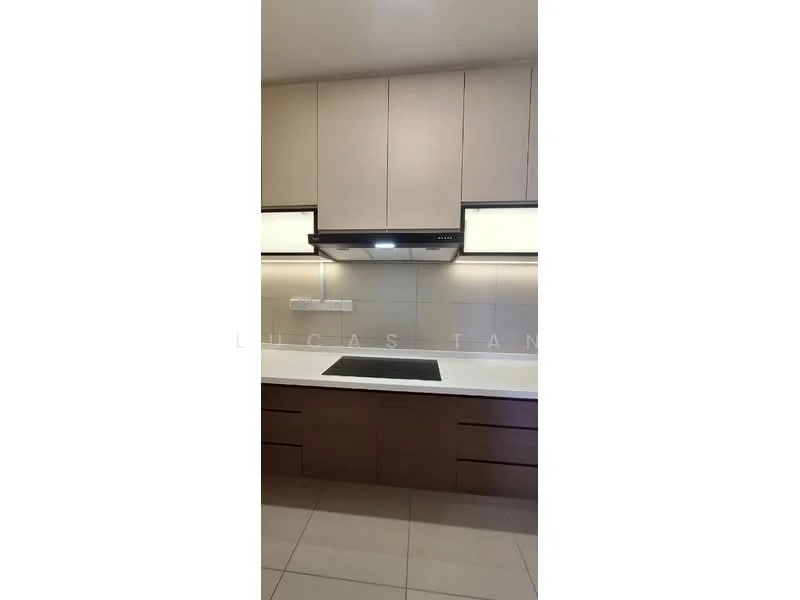 Kitchen features: light brown cabinetry, white countertop, built-in oven, stainless-steel range hood, ceramic tile backsplash, under-cabinet lighting, induction cooktop, neutral tile flooring; style: modern.