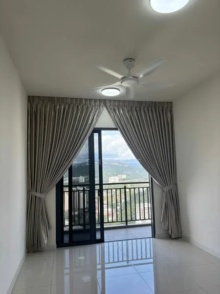 Room features: white painted walls, glossy tile flooring, 5-blade ceiling fan with integrated LED light, floor-to-ceiling windows, sheer curtains, balcony door, mountain view; style: modern; view: mountain.