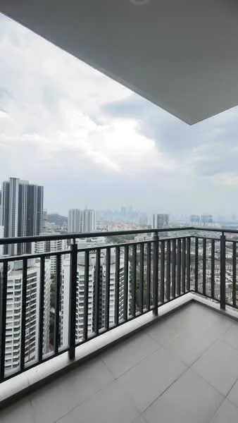 Balcony features: metal railing, grey tiled flooring, city skyline view, overcast sky; style: modern; view: city.