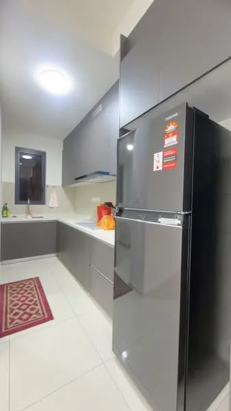 Kitchen features: grey cabinetry, white countertop, stainless-steel fridge, single-bowl stainless-steel sink, chrome pull-down faucet, ceramic tile flooring, recessed downlights, window with view, red area rug, built-in oven, kitchen utensils on countertop, plastic bags on countertop; style: modern.