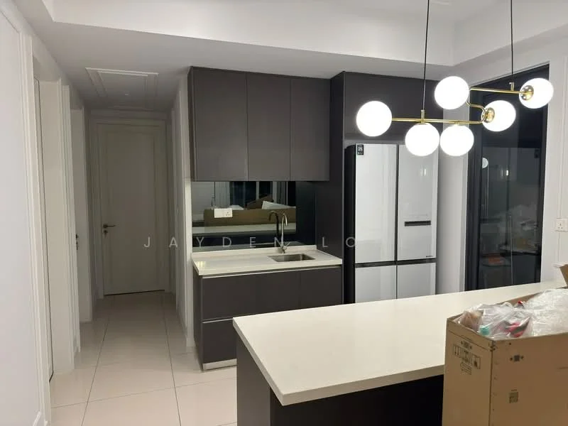 Kitchen features: dark cabinetry, white countertop, stainless-steel fridge, single-bowl stainless-steel sink, chrome pull-down faucet, mirror backsplash, built-in oven, ceramic tile flooring, recessed downlights, pendant light with multiple bulbs, open shelving, kitchen island; style: modern.
