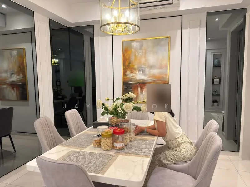 Dining features: rectangular dining table, 6-upholstered dining chairs in light grey, white tablecloth, decorative centerpiece with flowers, framed artwork on wall, white painted walls, recessed ceiling lights, air conditioning unit on ceiling, mirrored wall, tile flooring; style: modern.