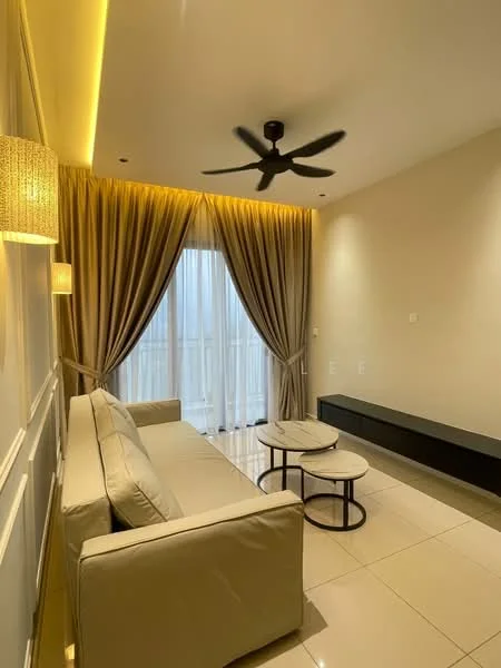Living features: 3-seater fabric sofa in light beige, 2 round coffee tables, wall-mounted TV console in black, floor-to-ceiling windows with sheer curtains, recessed LED downlights, 5-blade ceiling fan with light, cream painted walls, glossy tile flooring, decorative wall paneling, curtains in beige, ambient lighting along the ceiling; style: modern.