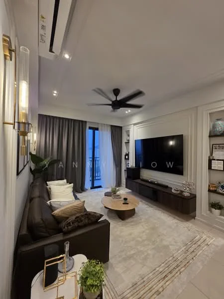 Living features: 3-seater leather sofa in dark brown, coffee table with round top, area rug with geometric pattern, wall-mounted TV, TV console with storage, 5-blade ceiling fan with light, recessed downlights, floor-to-ceiling windows with sheer curtains, decorative wall paneling, decorative items on shelves, potted plant, decorative mirror; style: modern; view: city.