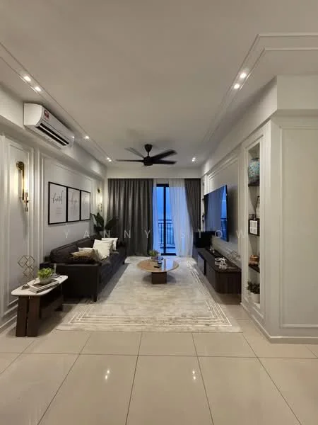 Living features: 3-seater fabric sofa in dark grey, coffee table with geometric design, area rug with neutral tones, wall-mounted TV, TV console with storage, 5-blade ceiling fan with light, recessed downlights, floor-to-ceiling windows with sheer curtains, decorative wall art, potted plant, light grey painted walls, cream tiled flooring; style: modern; view: city.