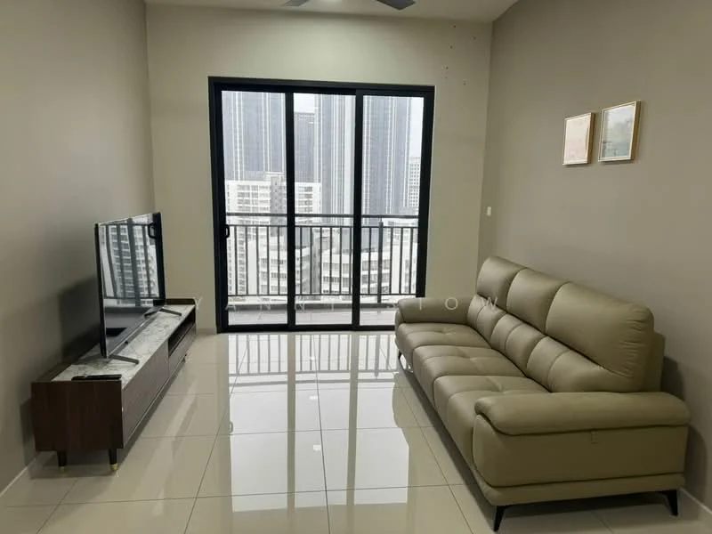 Living features: 3-seater leather sofa in beige, wall-mounted TV, TV console with marble top, floor-to-ceiling windows, sliding glass door, grey painted walls, recessed downlights, glossy tile flooring, ceiling fan; style: modern; view: city.
