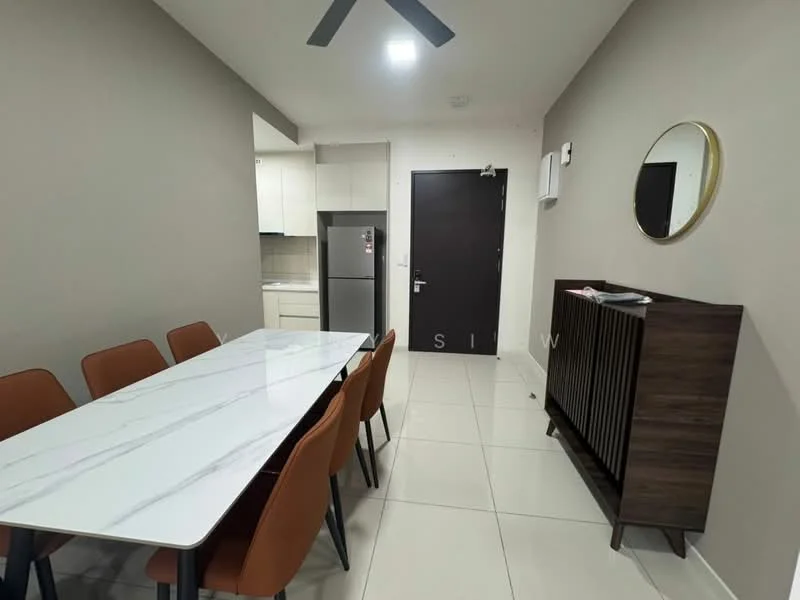 Dining features: 6-seater dining table with marble top, brown upholstered dining chairs, white tiled flooring, grey painted walls, recessed downlights, wall-mounted mirror, dark wood sideboard, fridge, kitchen cabinetry visible in background, door leading to hallway; style: modern.
