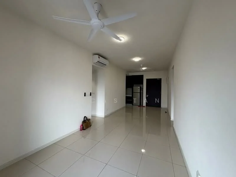 Living features: white painted walls, glossy ceramic tile flooring, 5-blade ceiling fan with light, wall-mounted split AC, recessed downlights, doorway leading to kitchen, doorway leading to hallway, neutral color scheme; style: modern.