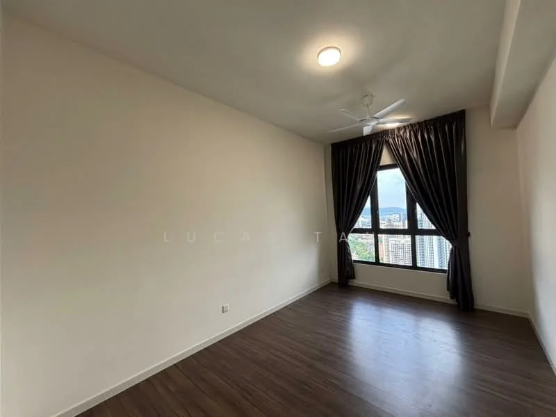 Room features: light wood laminate flooring, white painted walls, ceiling fan, floor-to-ceiling window, blackout curtains, city view; style: modern; view: city.