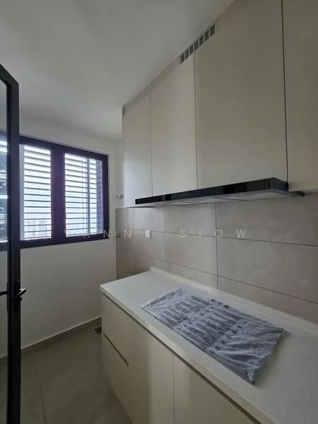 Kitchen features: white cabinetry, grey countertop, built-in kitchen hood, ceramic tile backsplash, sliding glass window, grey tile flooring, under-cabinet lighting, stainless-steel sink; style: modern.