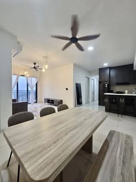 Dining features: 6-seater dining table, wooden tabletop, metal legs, upholstered dining chairs, pendant light, 5-blade ceiling fan, floor-to-ceiling windows, sliding glass door, light-colored tiled flooring, neutral wall color, open layout to living area, decorative wall mirror; style: modern; view: city. Living features: sofa, TV console, area rug, wall-mounted TV, light-colored walls, curtains, ceiling lights; style: modern; view: city.