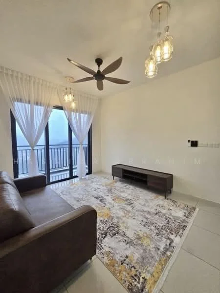 Living features: 3-seater brown leather sofa, area rug with abstract pattern, wall-mounted TV console, pendant lighting with multiple bulbs, 5-blade ceiling fan, floor-to-ceiling windows, sheer white curtains, light-colored walls, tiled flooring; style: modern; view: city.