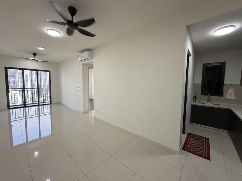 Living features: white painted walls, glossy ceramic tile flooring, 2 ceiling fans, recessed downlights, floor-to-ceiling windows, sliding glass door, view of city skyline, air conditioning unit; style: modern; view: city. Kitchen features: dark cabinetry, countertop, sink, kitchen appliances visible; style: modern.