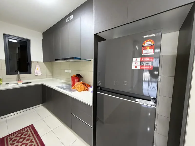 Kitchen features: grey flat-panel cabinets, white quartz countertop, single-bowl stainless-steel sink, chrome pull-down faucet, built-in oven, freestanding fridge, ceramic tile flooring, wall-mounted window, kitchen backsplash, kitchen towel hanging, red area rug; style: modern.