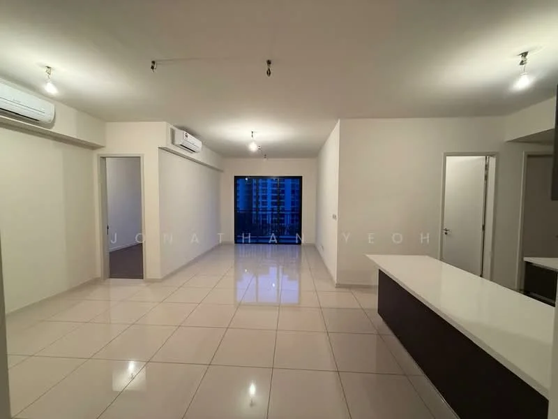 Living features: white painted walls, polished ceramic tile flooring, recessed downlights, 2 wall-mounted split AC units, floor-to-ceiling windows, sliding glass door, open layout, kitchen island with countertop; style: modern; view: city.