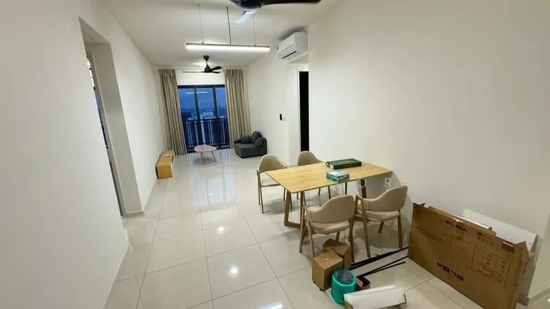 Dining features: white painted walls, glossy ceramic tile flooring, 5-blade ceiling fan with light, floor-to-ceiling windows, curtains, dining table with four chairs, open space layout, air conditioning unit, decorative items on the floor; style: modern; view: city.