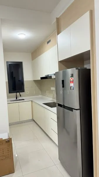 Kitchen features: white shaker cabinets, grey laminate countertop, single-bowl stainless-steel sink, chrome pull-down faucet, built-in oven, freestanding stainless-steel fridge, ceramic tile flooring, recessed downlights, wall-mounted cabinet, neutral wall colour, window with black frame; style: modern.