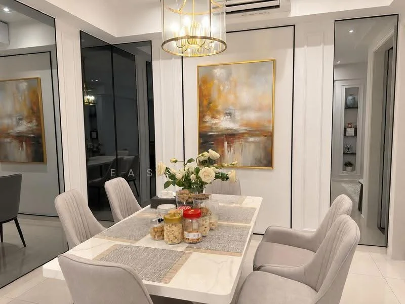 Dining features: white dining table, 4 upholstered dining chairs in light grey, decorative centerpiece with flowers, glass vase, assorted jars on the table, framed artwork on the wall, mirrored wall panels, recessed ceiling lights, air conditioning unit on the wall, neutral tile flooring; style: modern.