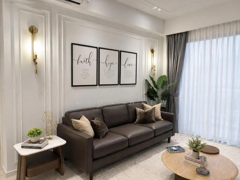 Living features: 3-seater leather sofa in dark brown, decorative cushions in beige and cream, wooden coffee table with round top, geometric decorative item on table, framed wall art with inspirational quotes, white painted walls with decorative moulding, curtains in grey fabric, floor-to-ceiling windows with sheer curtains, indoor plant in corner, recessed ceiling lights, light-coloured area rug; style: modern; view: city.