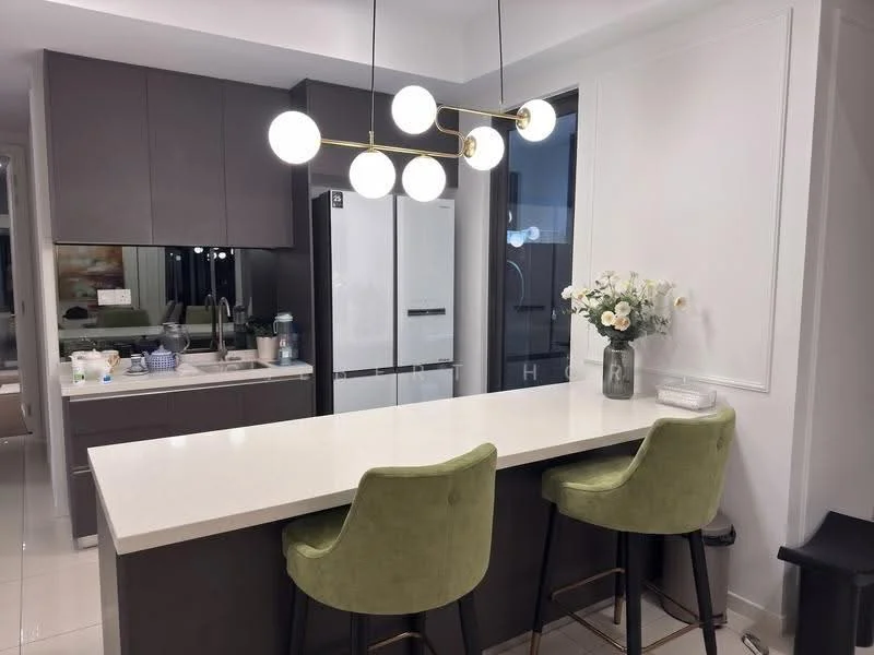Kitchen features: white quartz countertop, grey cabinetry, stainless-steel fridge, built-in oven, 4-burner gas hob, pendant lighting with multiple bulbs, bar seating with green upholstered stools, sink with chrome faucet, decorative vase with flowers, open shelving, tile flooring, wall-mounted cabinets; style: modern.