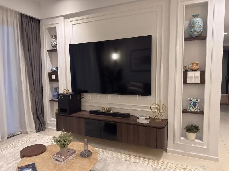 Living features: large wall-mounted flat-screen TV, wooden TV console with storage, decorative wall shelves, ceramic vases on shelves, framed artwork, light-colored area rug, neutral-colored walls, curtains in grey fabric, coffee table, decorative geometric object; style: modern.