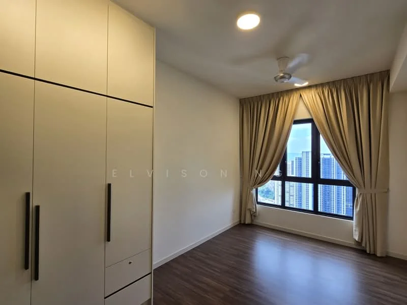 Bedroom features: light wood laminate flooring, white painted walls, floor-to-ceiling window, sheer curtains, 5-blade ceiling fan with light, built-in wardrobe with white finish, wall-mounted storage cabinet, city skyline view; style: modern; view: city.