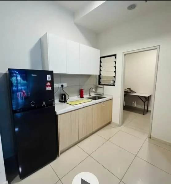Kitchen features: white upper cabinets, light wood lower cabinets, white countertop, stainless-steel sink, chrome pull-down faucet, black refrigerator, kettle, tile flooring, wall-mounted window blinds, light fixture, open layout to adjacent room; style: modern.