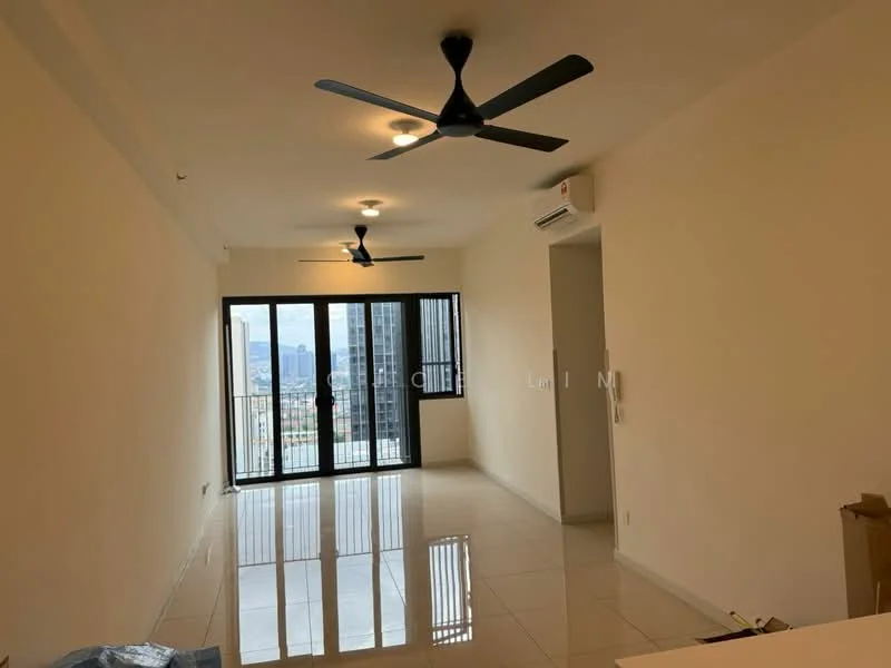 Living features: white painted walls, glossy ceramic tile flooring, 2 ceiling fans, floor-to-ceiling windows, sliding glass door, natural light, air conditioning unit, neutral color palette; style: modern; view: city.
