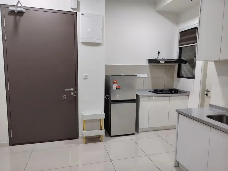 Kitchen features: white cabinets, grey countertop, stainless-steel fridge, built-in gas stove with two burners, exhaust hood, single-bowl stainless-steel sink, wall-mounted air conditioning unit, tile flooring, window with blinds, light switch, door with handle; style: modern.