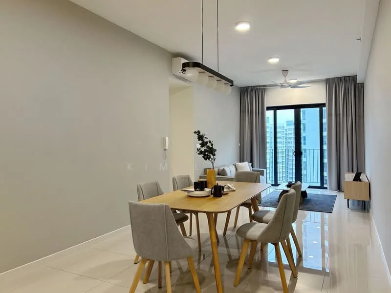 Dining features: 6-seater dining table, light wood dining table, upholstered dining chairs in grey, pendant light fixture, floor-to-ceiling windows, sliding glass door, grey curtains, white painted walls, glossy tile flooring, ceiling fan with light, decorative plant in pot, sideboard cabinet; style: modern; view: city.