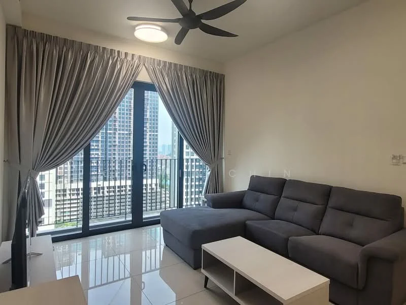 Living features: 3-seater fabric sofa in grey, coffee table, floor-to-ceiling windows, sheer curtains, dark grey accent wall, white painted walls, recessed downlights, ceiling fan, polished tile flooring; style: modern; view: city.
