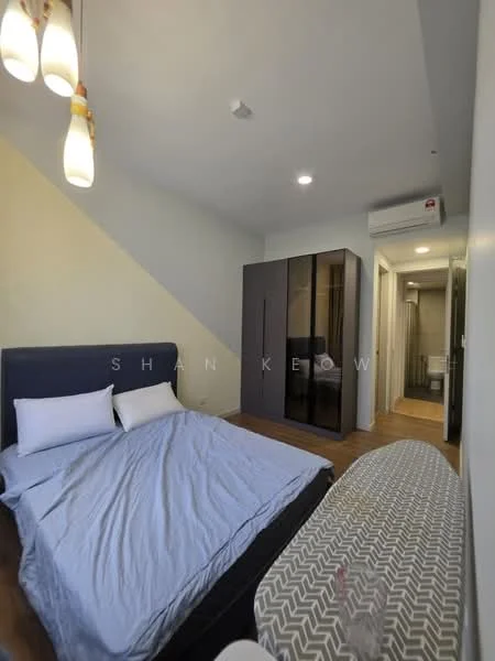 Bedroom features: queen-size bed with blue bedding, upholstered headboard, 2 bedside pillows, wooden flooring, built-in wardrobe with sliding doors, wall-mounted air conditioning unit, recessed ceiling lights, pendant lighting fixture, small table with patterned surface; style: modern.